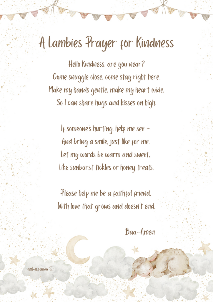 Lambies Prayer for Kindness with baby lambs and clouds on a white background