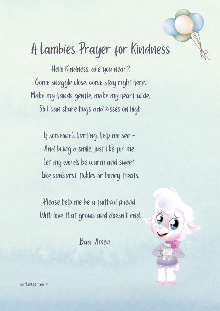 Lambie's Prayer for Kindness with a cartoon Louie lamb character on a light blue background