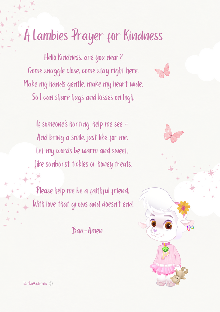 Prayer for kindness with a pink cartoon lamb character called Pickles and butterflies on a beige background