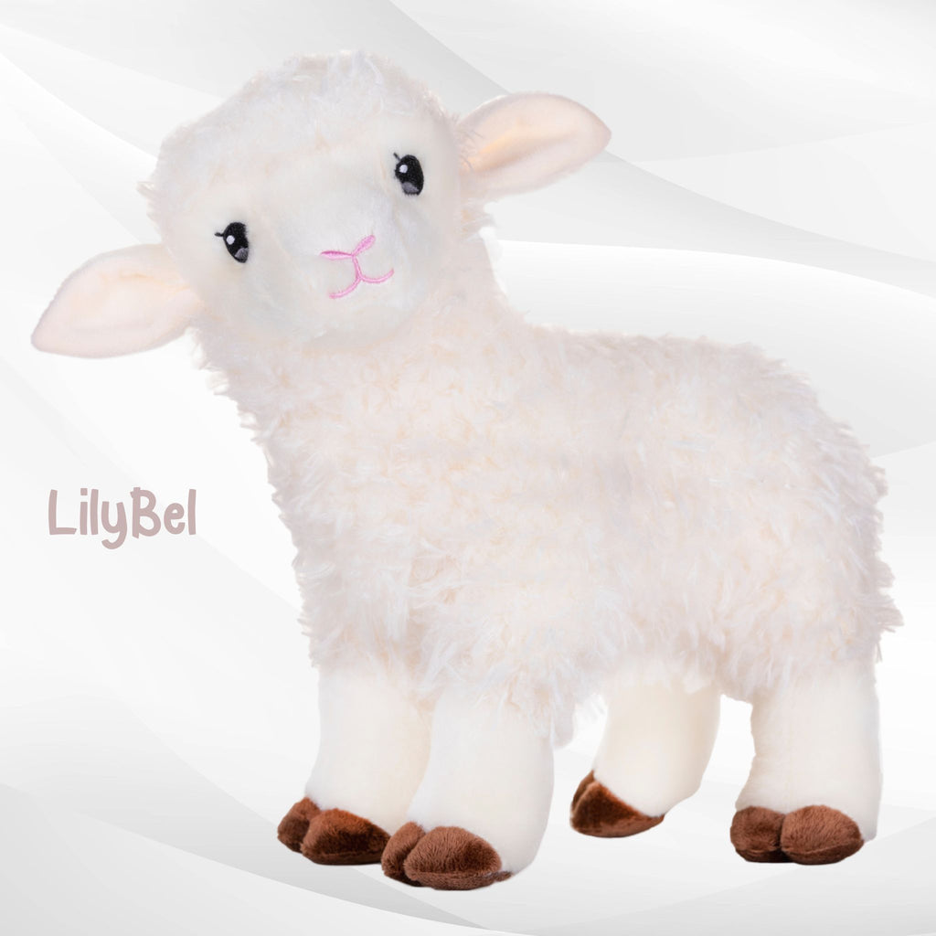 A plush lamb toy named Lilybel, designed to stand upright with soft, fluffy fabric and delicate embroidered features. A charming companion for play and display.