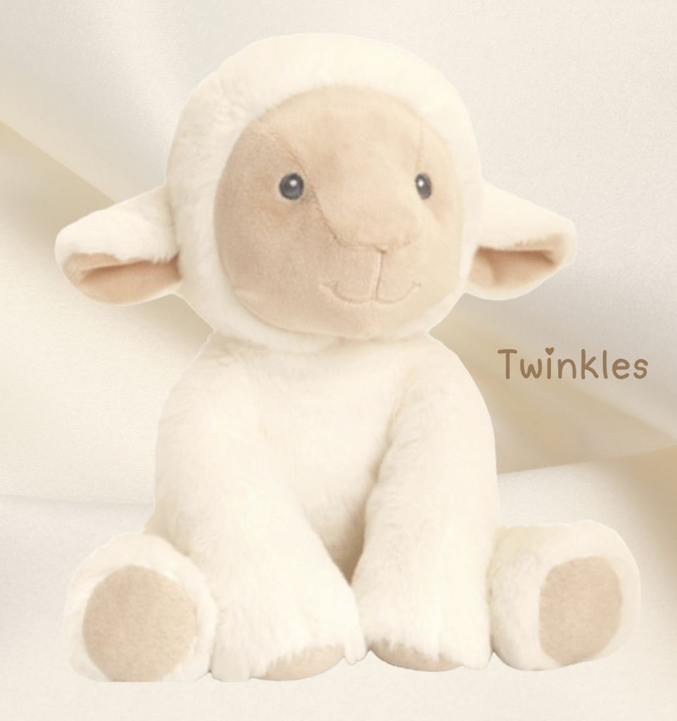 A plush lamb toy named Twinkles, featuring soft, fluffy fabric and delicate embroidered details. Designed for cuddles and comfort, bringing a touch of warmth and charm.