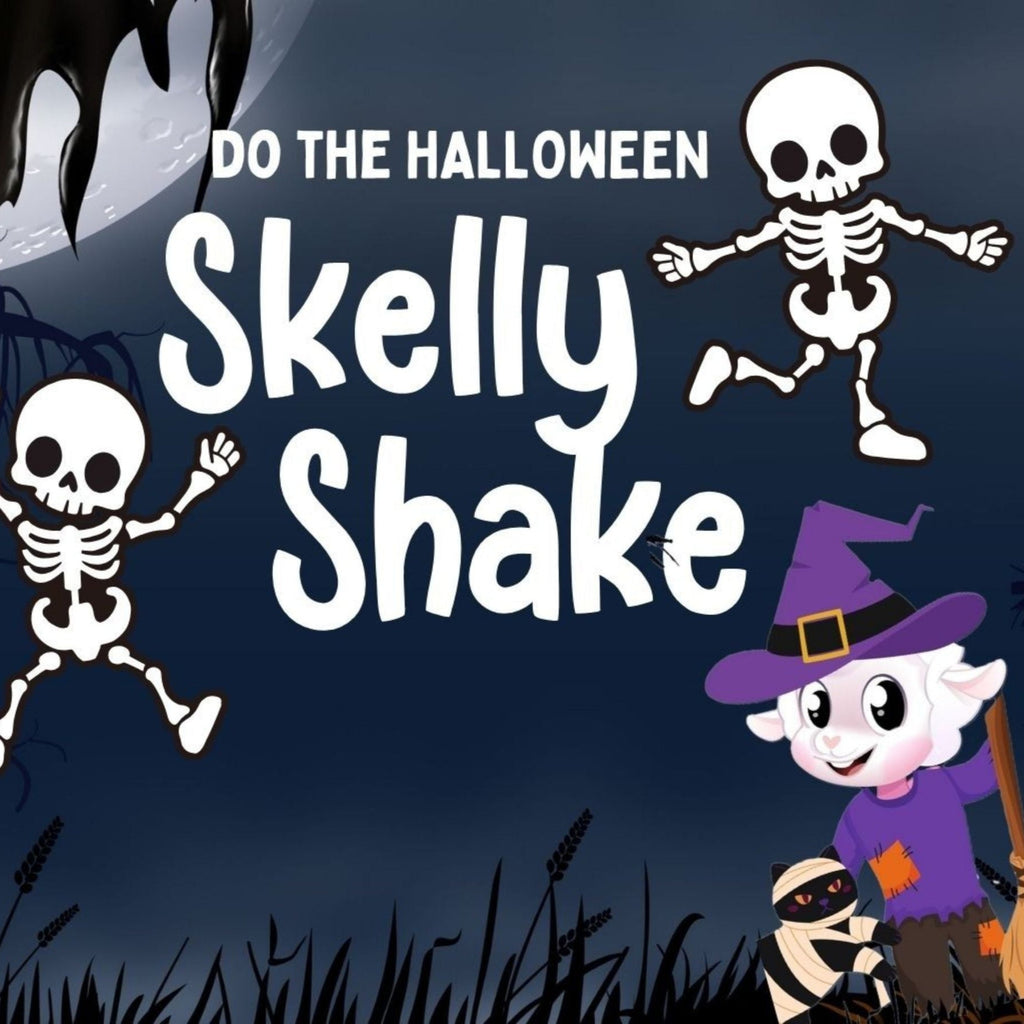 Halloween-themed graphic with skeletons and a witch, featuring text 'Do the Halloween Skelly Shake'.