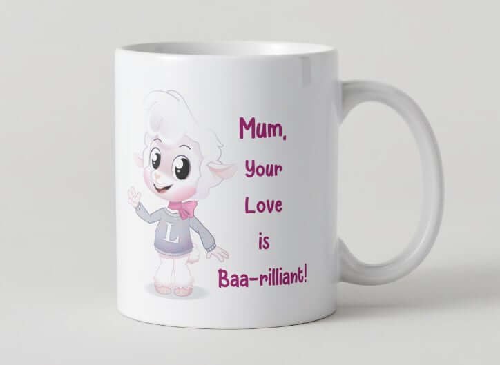 Louie-themed coffee mug featuring the playful message ‘Mum, Your Love is Baa-rilliant,’ showcasing a cheerful and heartwarming celebration of love. 