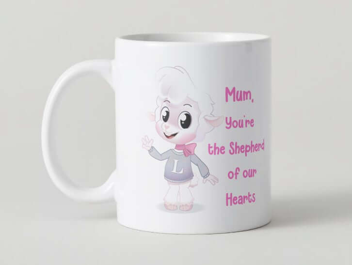Louie-themed coffee mug featuring the touching message ‘Mum, You’re the Shepherd of Our Hearts,’ celebrating love and appreciation.