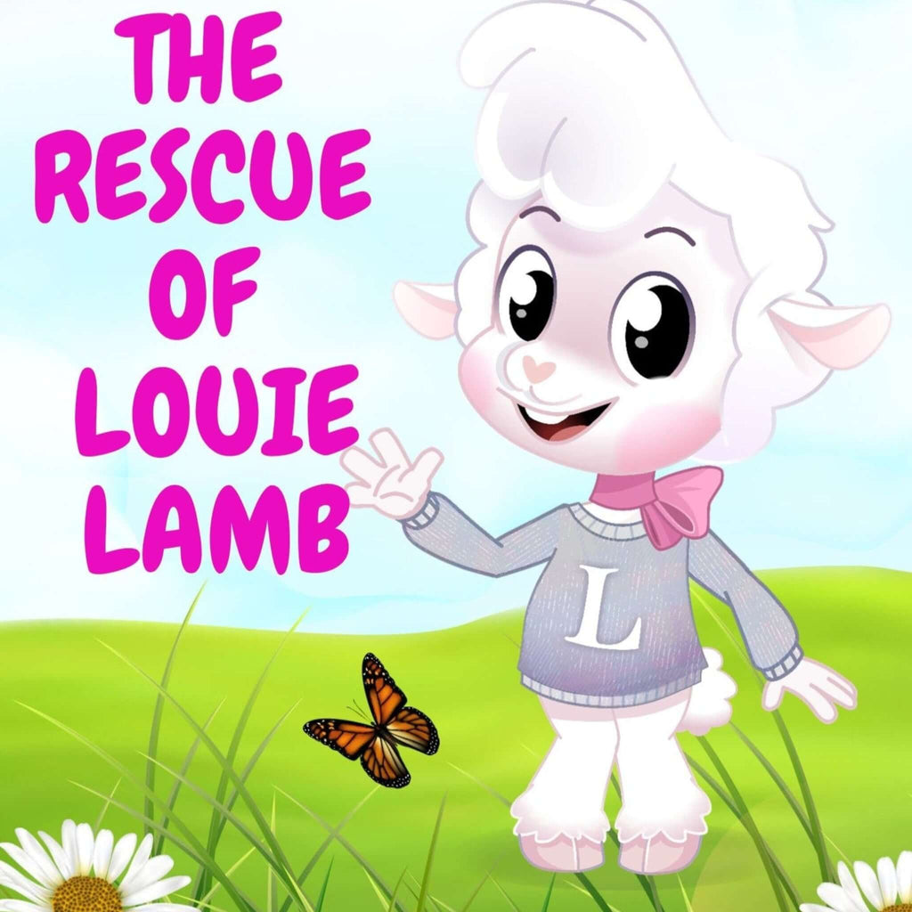 Ebook cover featuring Louie Lamb, a beloved cartoon character, in ‘The Rescue of Louie Lamb’—an engaging story full of adventure, friendship, and heartwarming moments.