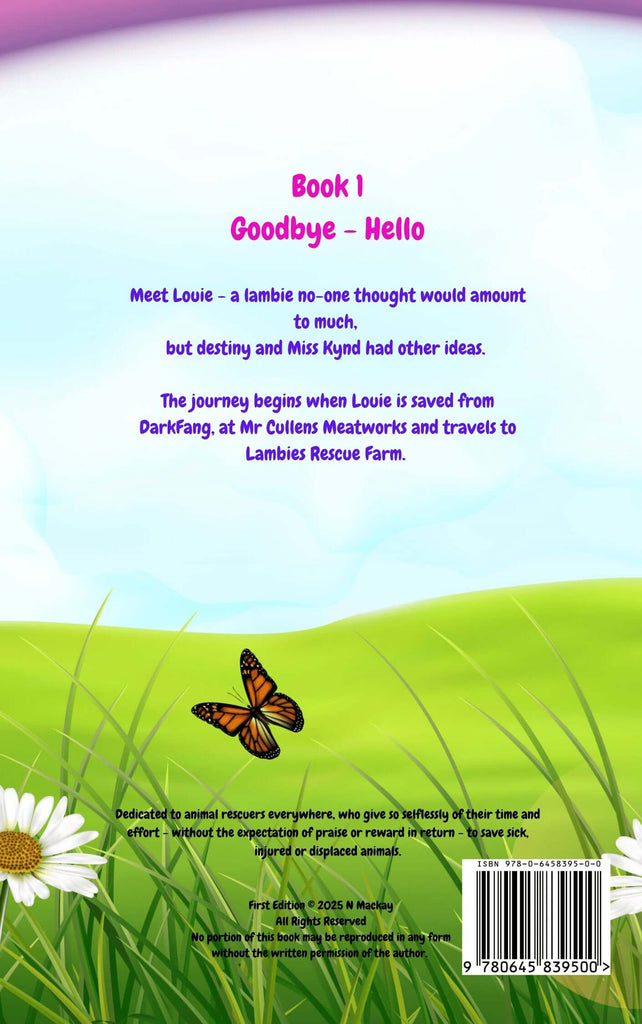 Ebook back cover featuring Louie Lamb, a beloved cartoon character, in ‘The Rescue of Louie Lamb’—an engaging story full of adventure, friendship, and heartwarming moments.