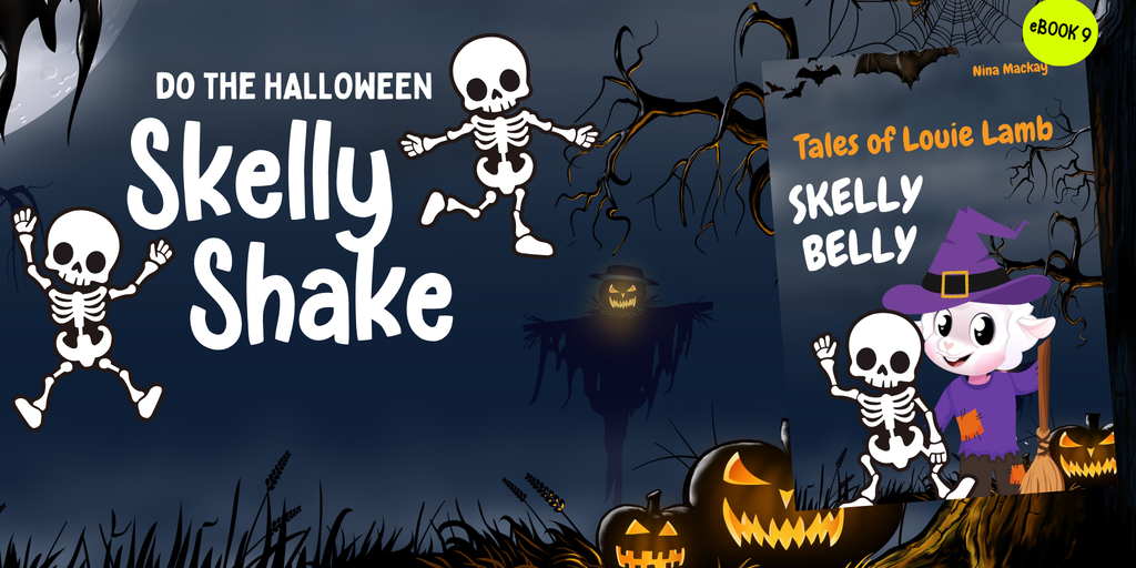 Halloween-themed book cover with skeletons and pumpkins on a dark background