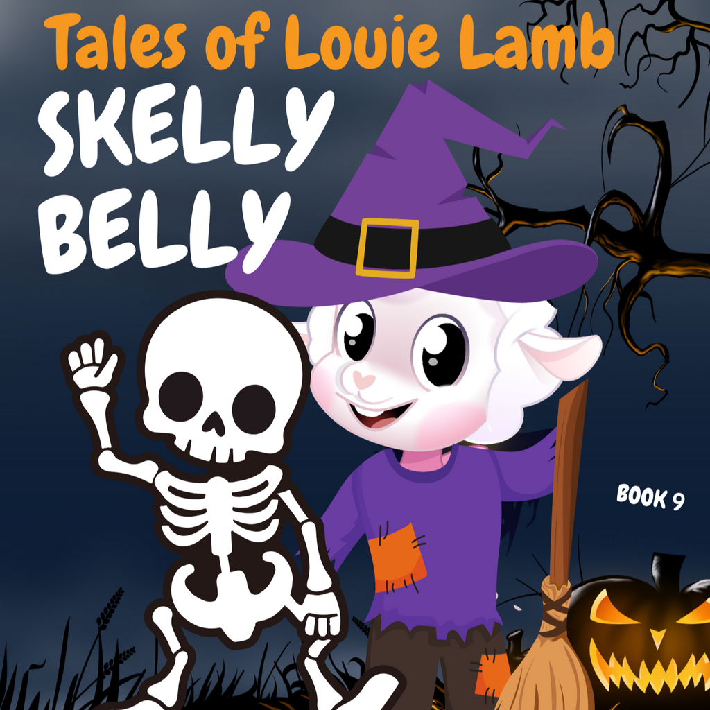 Halloween book cover of 'Skelly Belly' featuring a cartoon character with a skeleton and a witch hat, with pumpkins and a broomstick in the background.