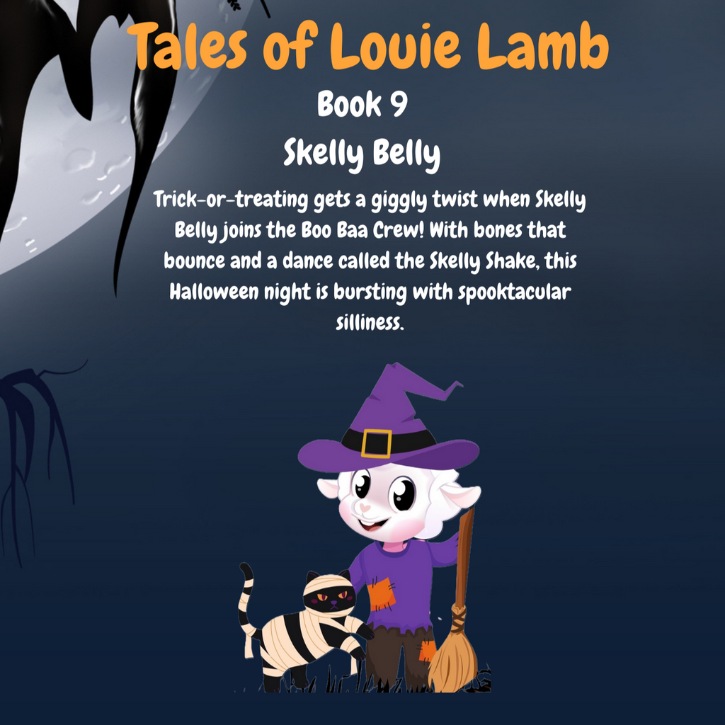 Halloween back cover of 'Tales of Louie Lamb' Book 9 with a cartoon sheep in a witch costume and cat in a mummy costume on a dark background.