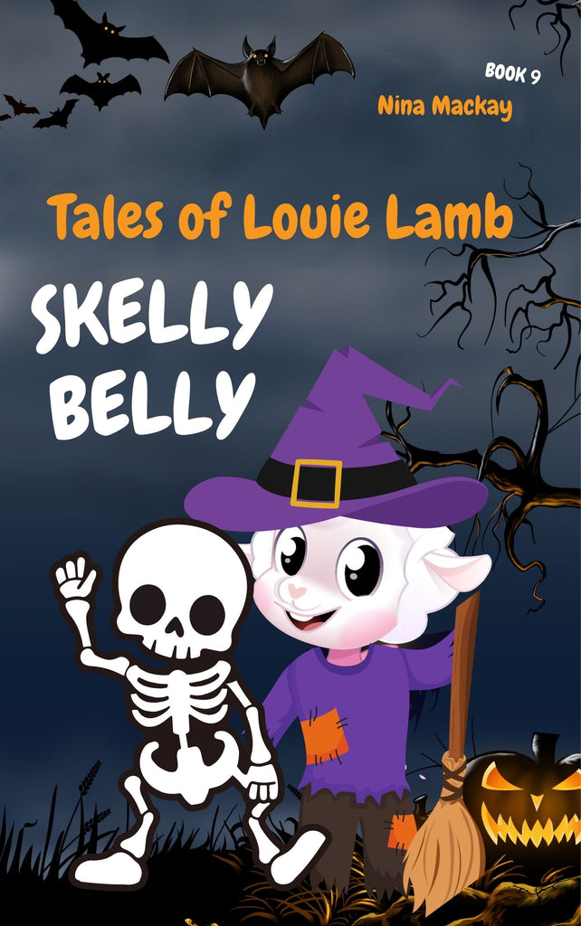 Halloween book cover of 'Skelly Belly' from 'Tales of Louie Lamb' series with cartoon character and Halloween elements.