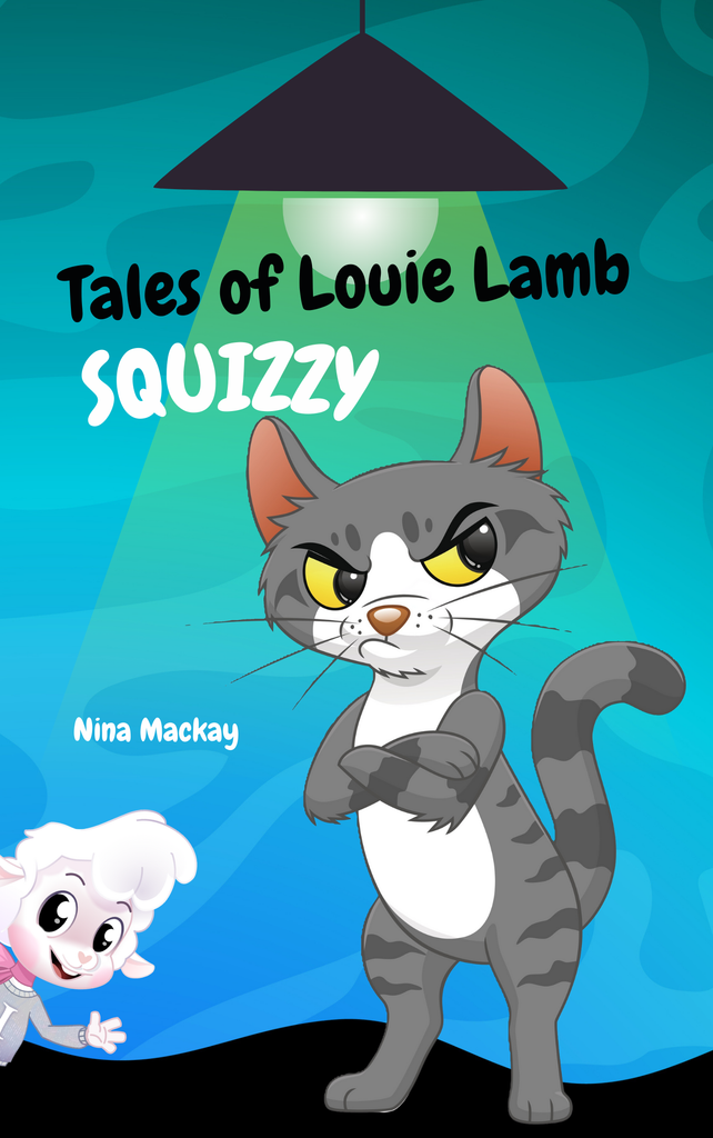 Book cover of 'Tales of Louie Lamb SQUIZZY' with a cartoon cat and mouse character on a blue background.