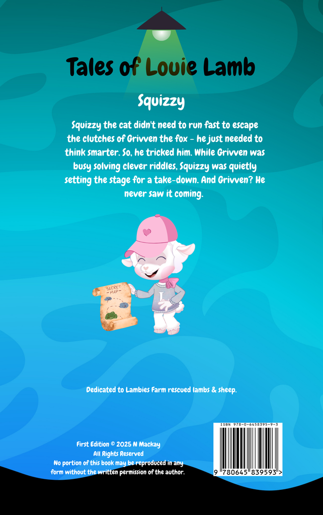 Back cover of a book titled 'Tales of Louie Lamb' with a cartoon lamb character and text.