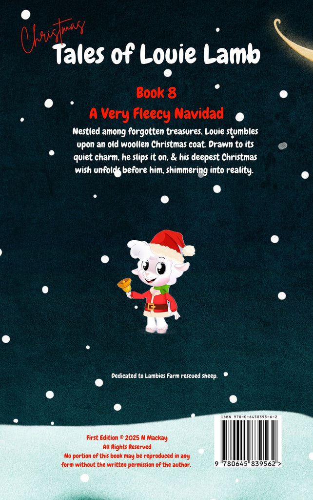Christmas book cover of 'Tales of Louie Lamb' with a cartoon character in a Santa hat on a snowy night background.