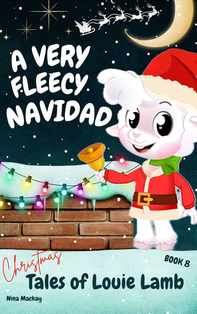 Christmas Book cover of 'A Very Fleecy Navidad' featuring a cartoon lamb in a Santa outfit with festive elements.