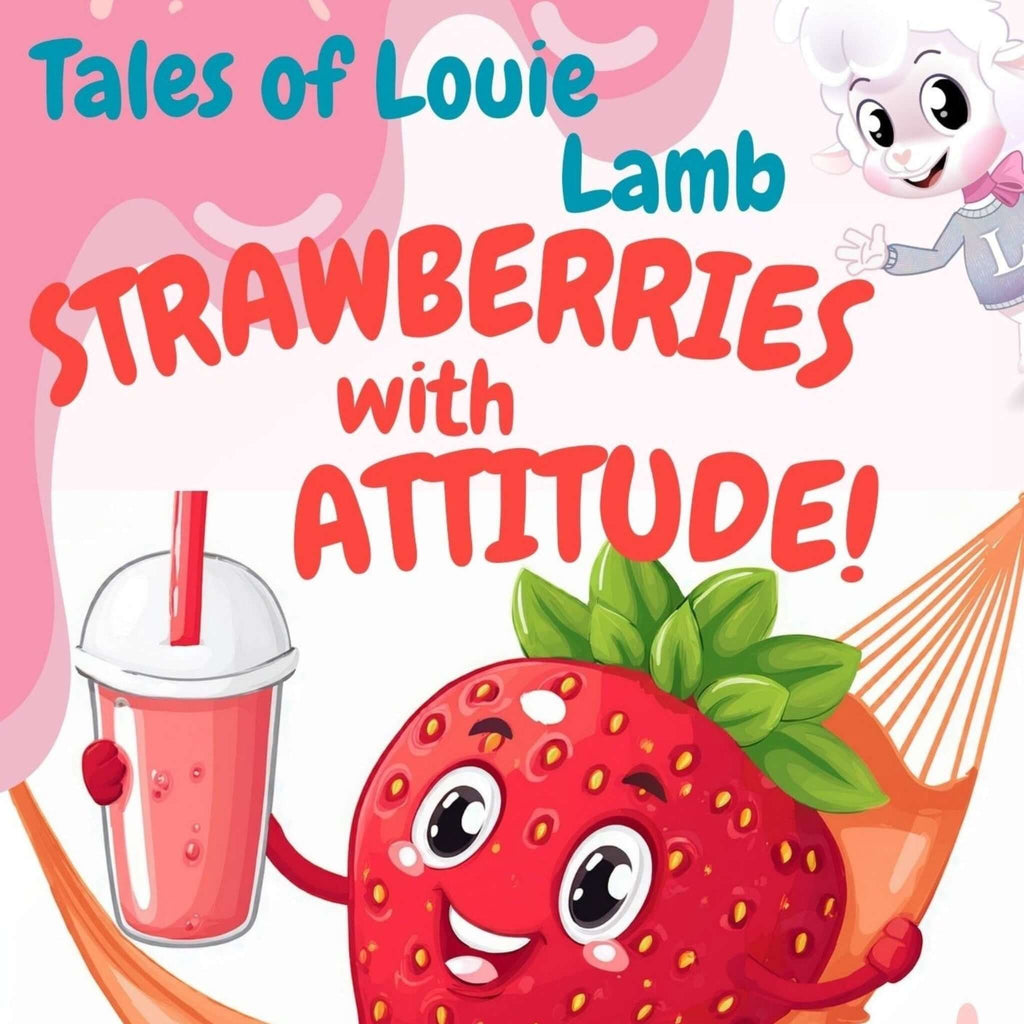 Ebook cover for ‘Tales of Louie Lamb: Strawberries with Attitude,’ featuring Louie Lamb and his charming companion, Bozzie, in a playful and whimsical scene celebrating the lively spirit of adventure and friendship.