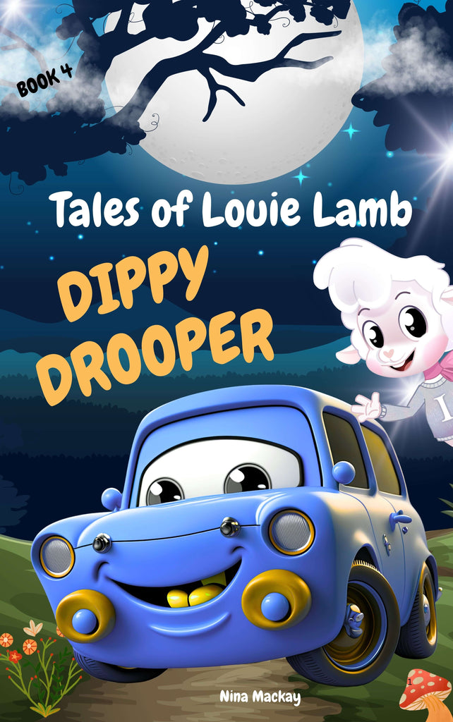 Ebook cover for ‘Tales of Louie Lamb: Dippy Drooper,’ featuring Louie Lamb meeting the quirky and charismatic car character, Dippy Drooper, in a fun and adventurous scene.