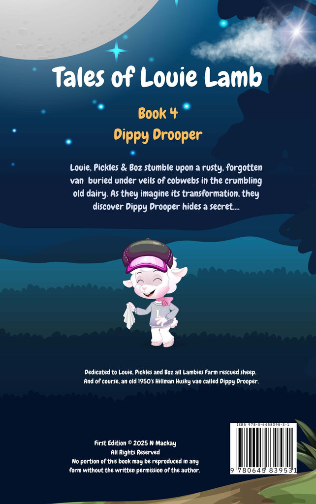 Ebook back cover for ‘Tales of Louie Lamb: Dippy Drooper,’ featuring Louie Lamb meeting the quirky and charismatic car character, Dippy Drooper, in a fun and adventurous scene.