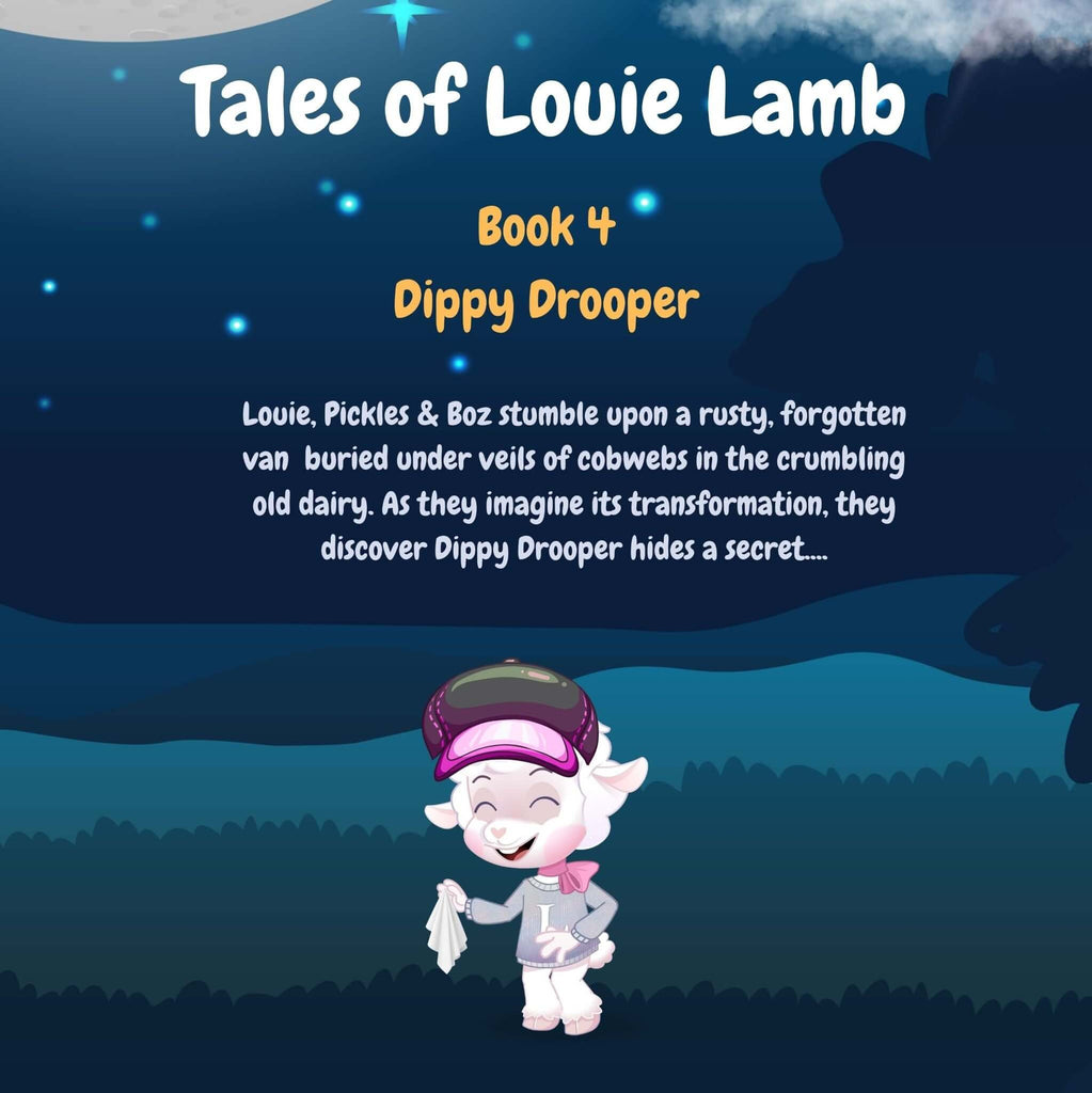 Ebook back cover for ‘Tales of Louie Lamb: Louie and the Discovery of Dippy Drooper,’ featuring Louie Lamb meeting the quirky and charismatic car character, Dippy Drooper, in a fun and adventurous scene.