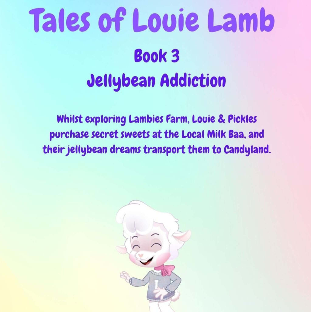 Ebook back cover for ‘Tales of Louie Lamb: Jellybean Addiction,’ featuring Louie Lamb on a playful adventure exploring his love for jellybeans in a colorful and humorous scene.