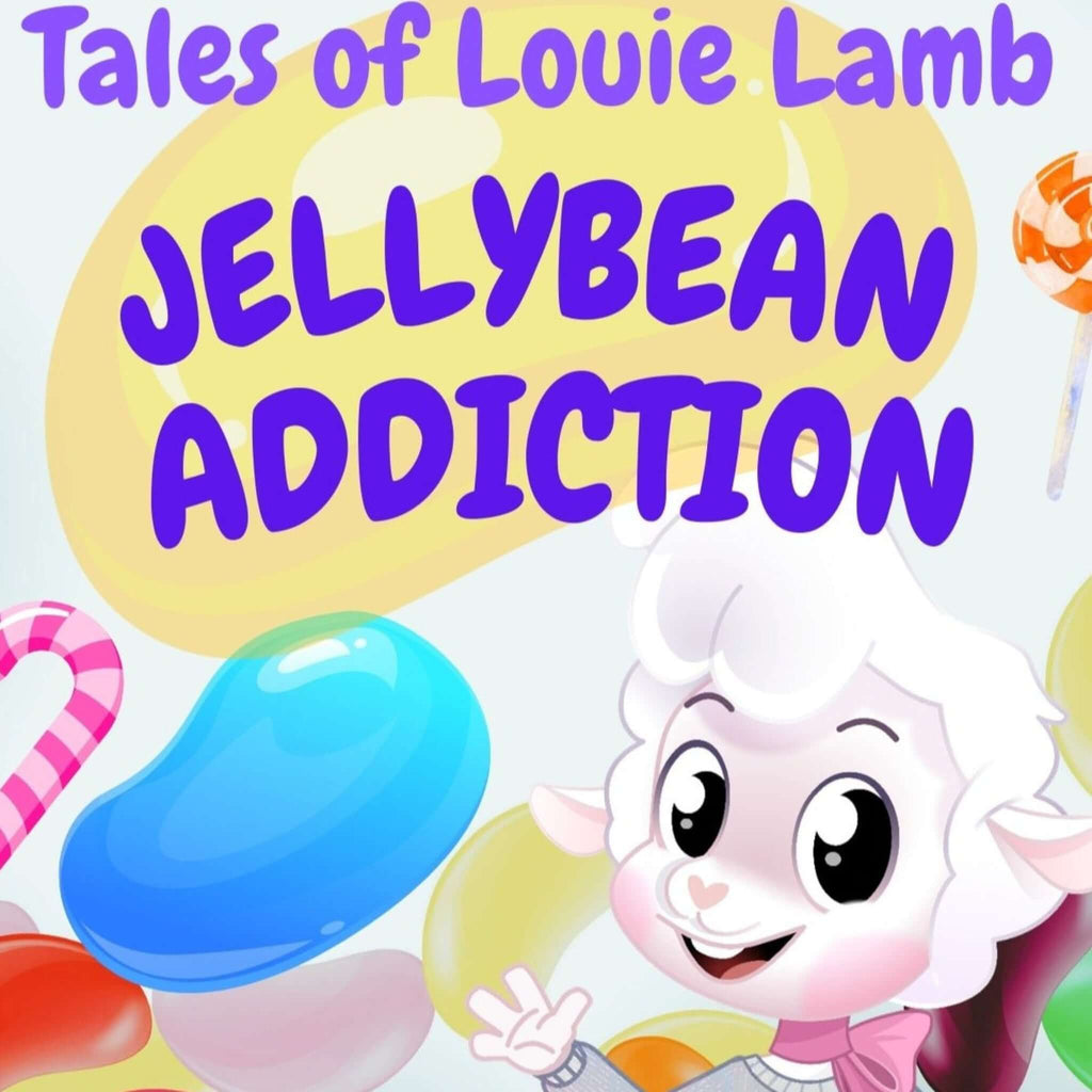 Ebook closeup cover for ‘Tales of Louie Lamb: Jellybean Addiction,’ featuring Louie Lamb on a playful adventure exploring his love for jellybeans in a colorful and humorous scene.