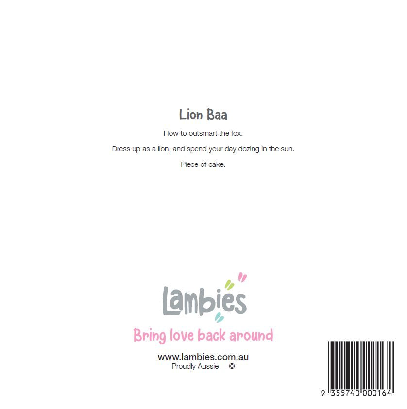 Back cover of a fluffy lamb dressed in a detailed lion costume, its wool peeking through the mane, creating a playful and unexpected mix of innocence and strength.